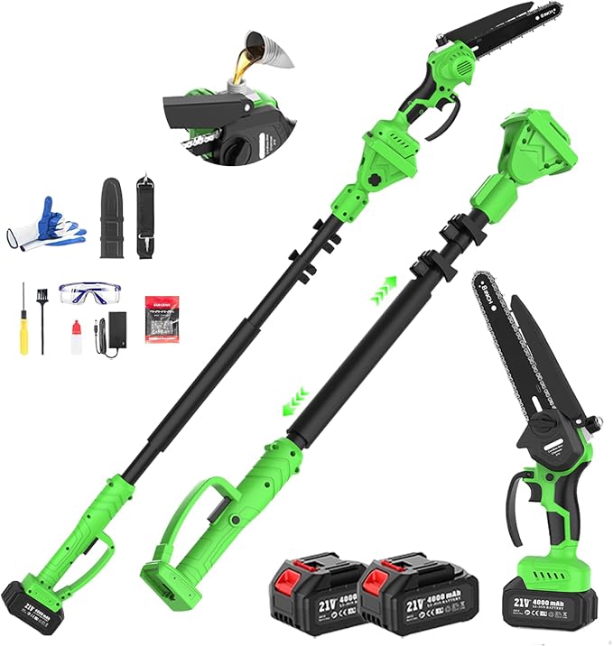 2 in 1 8IN Brushless Cordless Pole Saw & Mini Chainsaw with Extension Pole | Battery Powered Tree Trimmer with Auto Oiler, 2×4000mAh Batteries for Tree Trimming, Branch Cutting & Yard Maintenance
