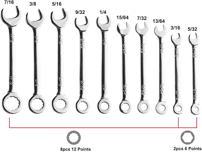Larcele 10 Pcs Midget Wrench Set SAE Combination Open and Box End Mini Spanner MNBS-05