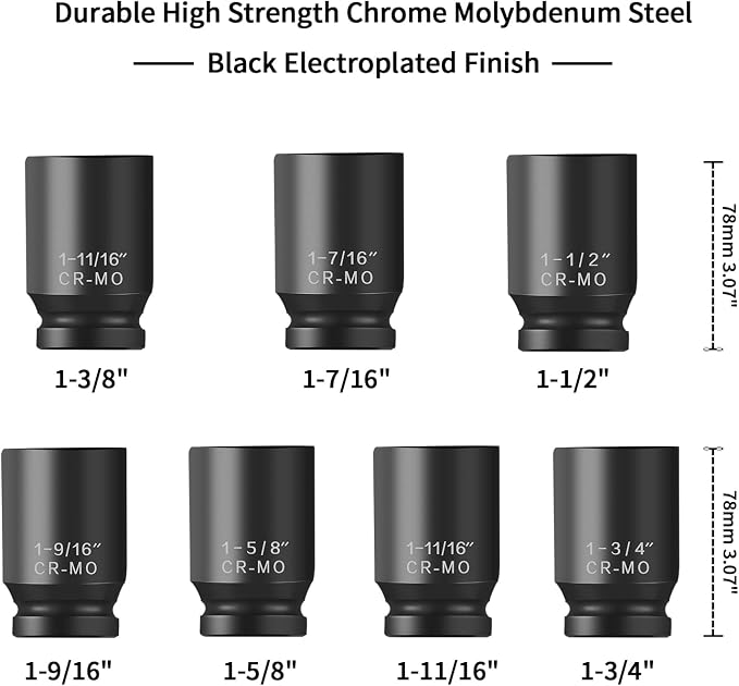 TONYNOL 1/2 Inch Drive Deep Impact Socket Set, 6-Point, SAE(1/2 Drive 1-3/8"to1-3/4"), 7 PCS, Cr-Mo, Heavy Duty Impact Socket Set, with a strong case | 6-Point,Cr-Mo Steel, Heavy Duty Impact Socket Set, with a strong case