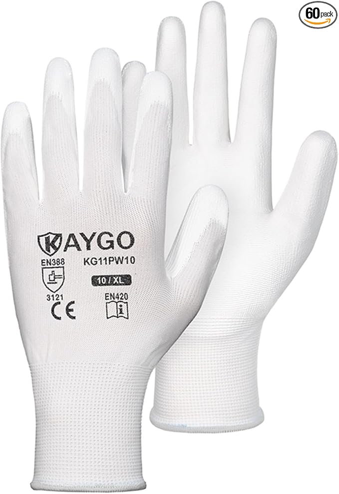 KAYGO Work Gloves for Men and Women, 60 Pairs Seamless Knit PU Coated Safety Gloves, with Smooth Grip on Palm and Fingers, Ideal for Light Warehouse, Manufacturing, Gardening, KG11P (XL, White)
