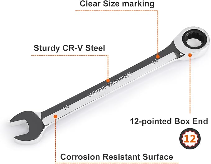 Egofine 14mm Ratcheting Combination Wrench Metric, Industrial Grade Gear Spanner with 12-Point Design, 72-Tooth Ratchet, Chrome Vanadium Steel