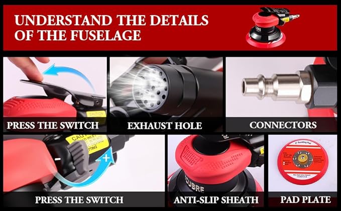 5 Inch da Sander - Professional Air Sander, Pneumatic Orbital Sander/Air Orbital Sander for Auto Body Work, DA Sander for Auto Body & Lijadora de Aire (5 Inch)