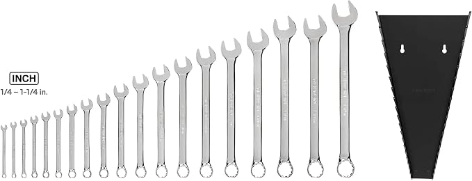 TEKTON Combination Wrench Set, 19-Piece | WCB91102 | (1/4 - 1-1/4 in.), Wrench Rack, Chrome Finish