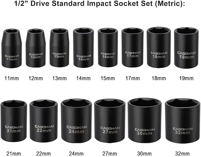 CASOMAN 14 Pieces 1/2-Inch Drive Shallow Impact Socket Set, Metric, 6-Point, 11mm to 32mm