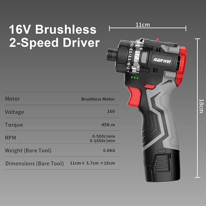 Cordless Screwdriver 16.8V, 45Nm, Brushless Motor, Continuously Variable, Rechargeable 1/4" driver, 2.0Ah Batteries, Electric Screwdriver Drill Kit for Home, DIY, Repair and Construction Use