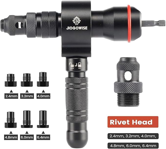 2-in-1 Design Cordless Rivet Gun Adapter and Rivet Nut Adapter,Electric Drill Tools Accessory Kit with Carry Case,7 Metric Mandrels M3 to M12, 6 Rivet Heads 2.4mm to 6.4mm