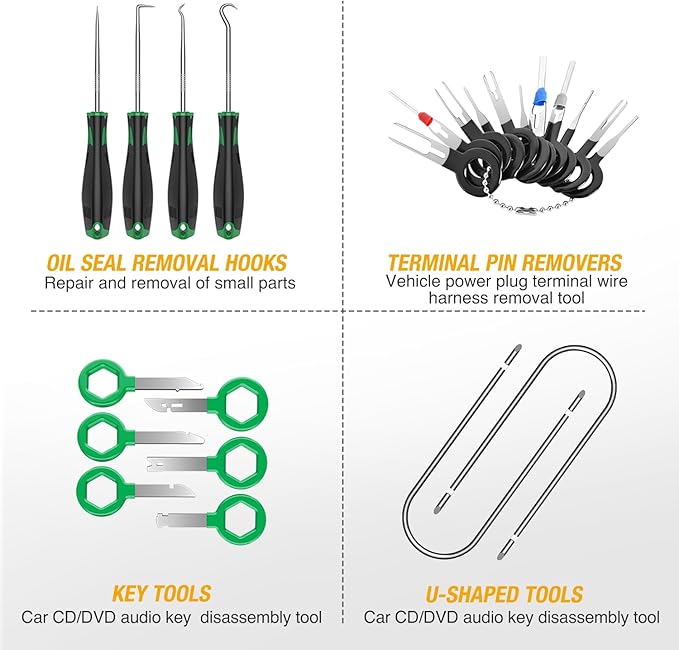 GOOACC 88Pcs Trim Removal Tool, Auto Push Pin Bumper Retainer Clip Set Fastener Terminal Remover Tool Adhesive Cable Clips Removal Kit Car Panel Radio Removal Auto Clip Pliers, Green