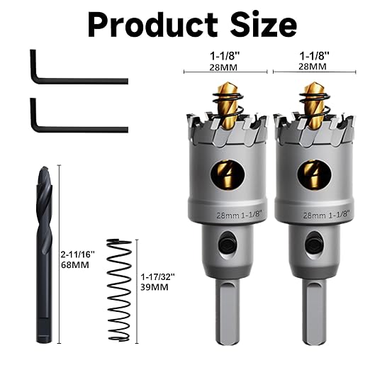 Metal Hole Saw 1-1/8"(28mm) 2Pcs Set Heavy Duty Tungsten Carbide Tipped Hole Cutters Set with a nitrided Step Drill and L-flench, for Steel Iron,Aluminum,Stainless stell
