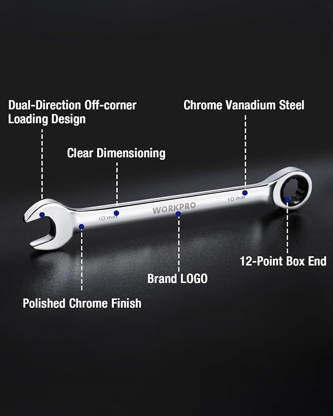 WORKPRO 10 mm Ratcheting Combination Wrench, Mirror Polish Chrome Plating | Premium CR-V Steel, 72-Teeth, 12 Point Design, Metric, For Home Projects, Motorcycle Repair, Garage Work, Plumbing, Machinery