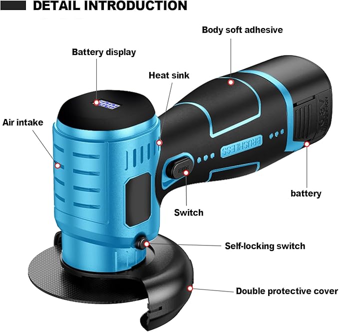 ZFULVO Brushless Cordless Angle Grinder Kit, 19500rpm Mini Electric Angle Grinding Tool with 2x16.8V 2000mAh Battery and 6-Cutting Discs, Grinder Handheld Cutter for Metal Wood