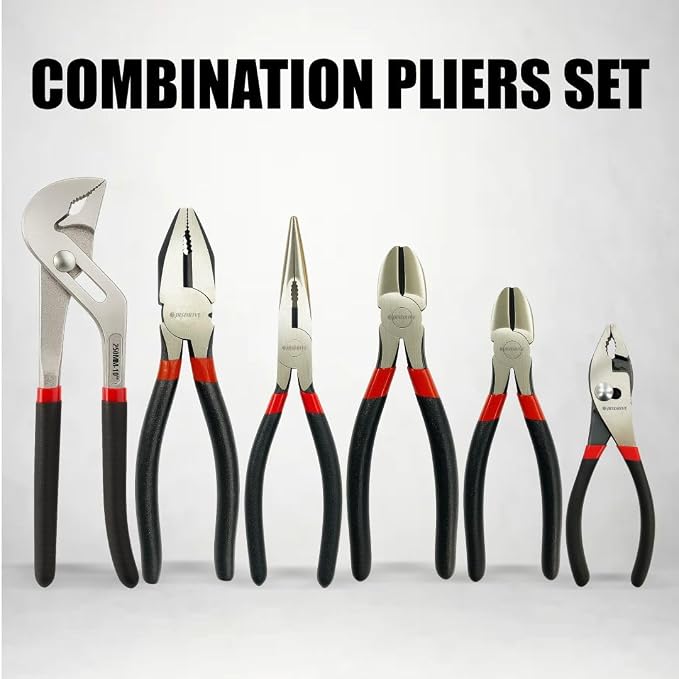 6-Piece Pliers Set 6–10 Inch Groove Joint, Long Nose, Slip Joint, Linesman & Diagonal Cutting Pliers Heavy-Duty Chrome Vanadium Steel Tools for DIY, Home Repair & Professional Use E-2011