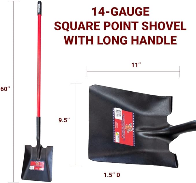 BULLY TOOLS Square Point Shovel – 14-Gauge Heavy Duty Steel Blade with Long Fiberglass Handle, Durable for Snow Removal, Gardening, Landscaping, & Outdoor Use, Ergonomic Grip - 100% Made in The USA