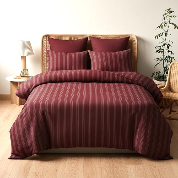 Sedefen Striped Duvet Cover Set Queen Size Red Vintage Striped Patterned Bedding Set Soft Breathable Microfiber Bedding Set with 2 Pillowcases