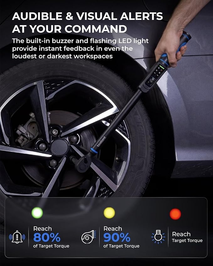 toolant 3/8" Digital Torque Wrench 1.5-100 ft-lb (2-135 N·m), ±2% Accuracy with Sound/Light/Vibration Alerts, 9 Presets & 500 Memory for Car Motorcycle Bike Repair