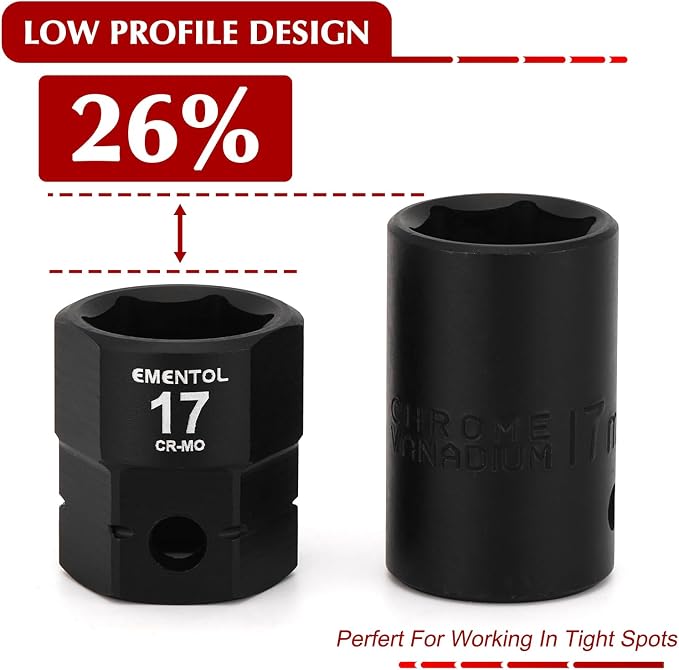 EMENTOL 15PCS 1/2" Drive Low Profile Nano Impact Socket Set, 1/2-Inch Drive stubby sockets, Metric, 10mm-24mm, CR-MO