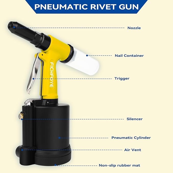 Heavy Duty Pneumatic Rivet Gun, 4000lbf Rivet Gun Set- 3/32", 1/8", 5/32", 3/16", 1/4" Air Riveter with NPT 1/4 inch for Automotive, Construction, Manufacturing Industries,Yellow