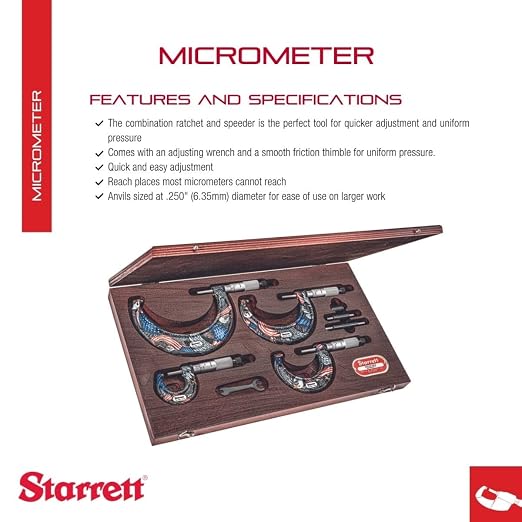 Starrett Outside Micrometer Set with Smooth Friction Thimble, Combination Ratchet and Speeder - American Pride Theme, 0-4" Set Range, .0001" Graduation - SAPT436.1XRLZ