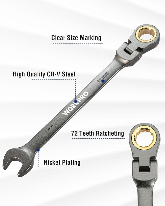 WORKPRO 11 mm Flex-Head Ratcheting Combination Wrench, Nickel Plating | Cr-V Constructed, 72-Teeth, 12 Point Design, Metric, For Home Improvement, Auto Repairs, Plumbing, Constructions, Machinery