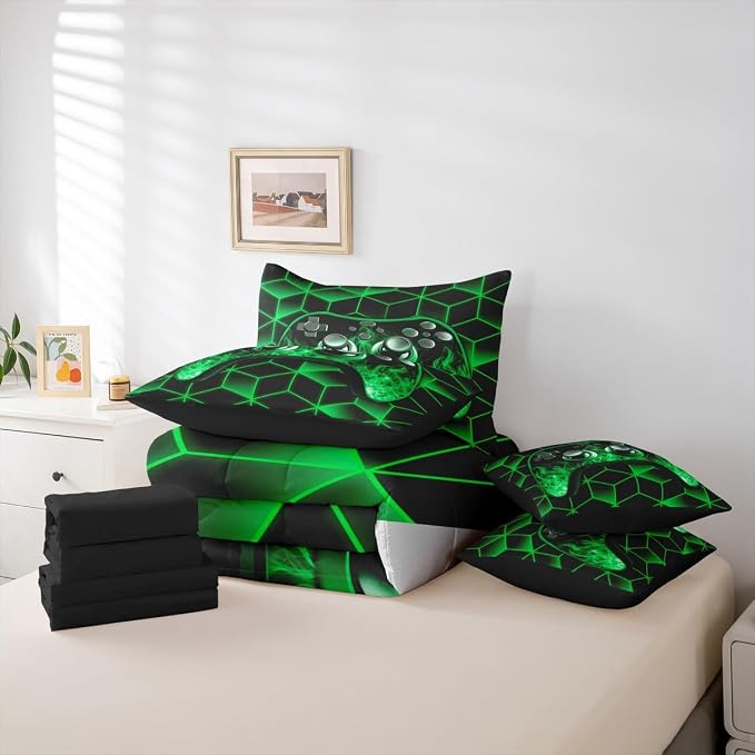 Game Consoles 7 Piece Comforter Set Full Bed in a Bag,Neon Geometric Bedding Set,3D Geometric Gamer Comforter and Sheet Set Green Flame Bed Set,Gaming Decor for Boys Bedroom Gamer Gifts