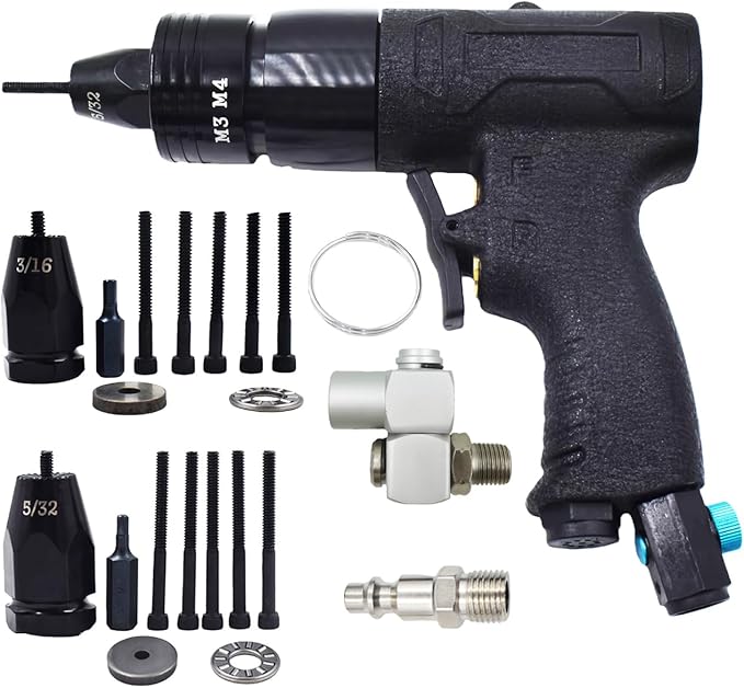 Pneumatic Rivet Nut Gun Air Rivet Nut Pull Setter Riveting Fastening Tool With 3/16 5/32 Riveting Mandrels Quick Change Locking Nozzle Bolts Adapter Drill For Air Rivet Nut Insert Installation Tool