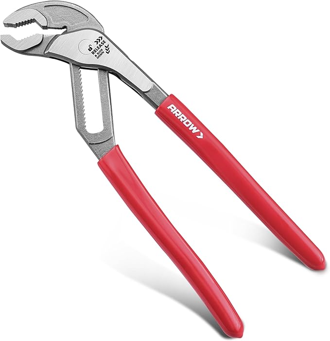 ARROW 10-Inch Water Pump Pliers, Quick Adjust Groove Joint Pliers with 18 Positions, V-Jaw Tongue and Groove Plier with Dipped handle, Heat-Treated CR-V Steel for Plumbing, Auto & Home Repair