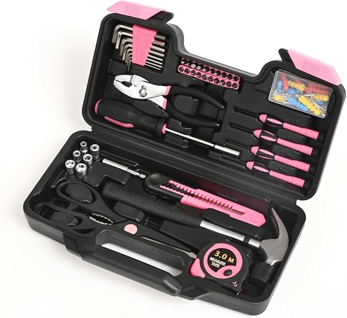 132 Piece Pink Tool Set, Womens Tool Kit for House, All Purpose Tool Kit for Home & Women, Small Home Repair Tool Set with Plastic Storage Toolbox for Garage, Office, College Dormitory, DIY Projects