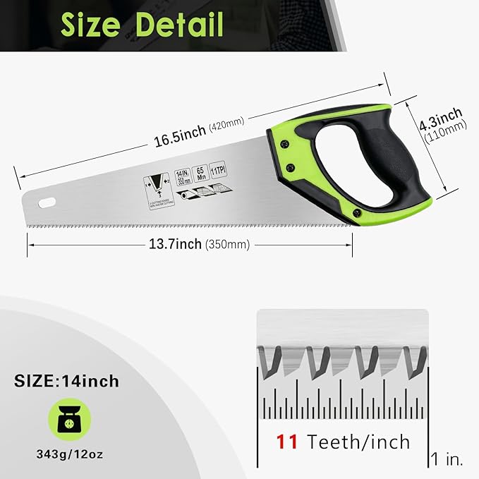 14 Inch Wood Hand Saw, 11 TPI Universal Handsaw Non-slip Ergonomic Handle Rustproof Wood Saw