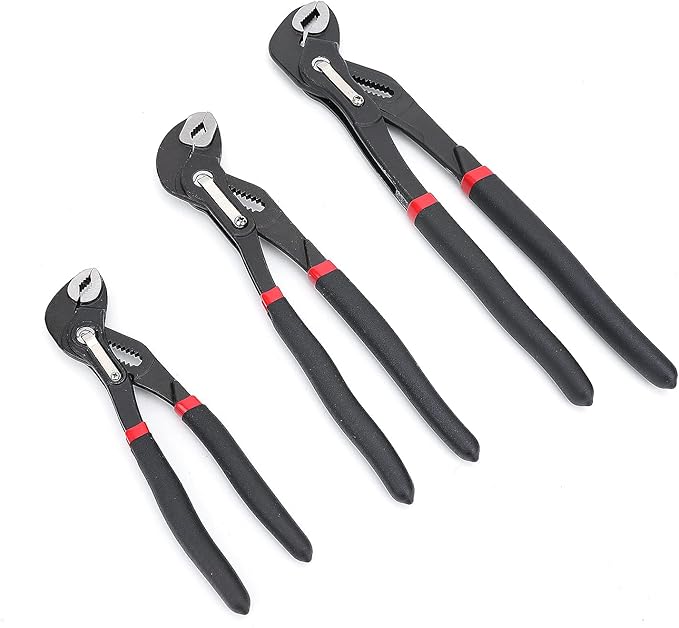 Amazon Basics 3-Piece Quick Release Groove Joint Pliers Set, Drop Forged Chrome Vanadium Steel with Comfortable Rubber Grip, Adjustable, 7-inch, 10-inch, and 12-inch, Black