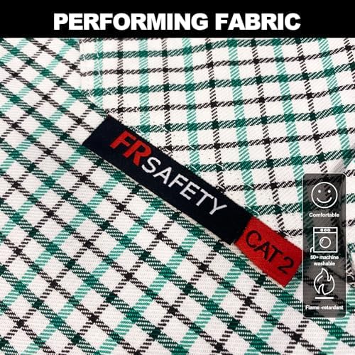 FR Shirts for Men 7oz Fire Resistant Shirts CAT2 Welding Shirt 100% Cotton Flame Resistant Shirt Greens/Plaid(5X-Large)