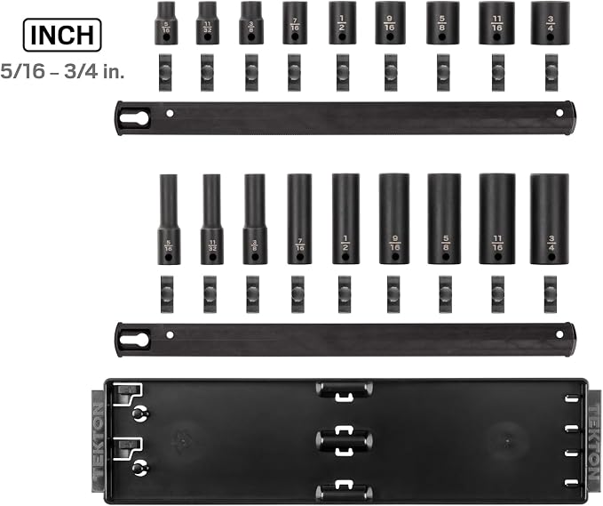 TEKTON 3/8 Inch Impact Socket Set, 18-Piece | SID91208 | (5/16 - 3/4 in.), Shallow and Deep, 6-Point, Socket Rail