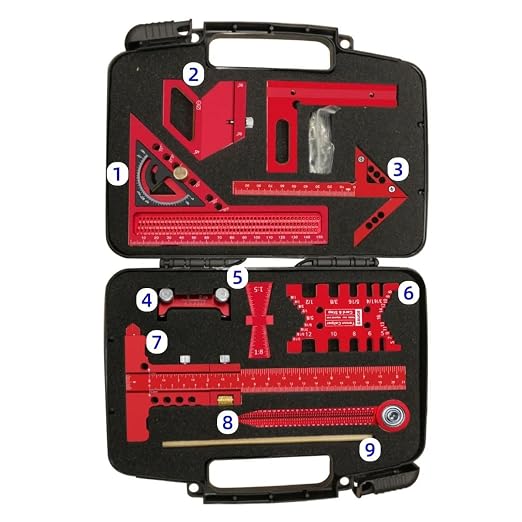 Woodworking Measuring Tools with Box, Aluminum Scribeing Ruler, Multi-Purpose Marking Ruler, Precision Layout Measuring Tool Carpentry Square Kits for Engineer Carpenter (9pcs with Box)