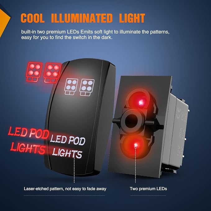 Nilight LED POD Lights Rocker Switch Led Light Bar Switches 5Pin Laser On/Off switches 20A/12V 10A/24V with Jumper Wires Set for Cars,Trucks,RVs