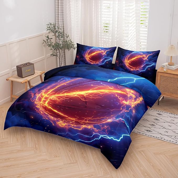 5 Pieces Basketball Comforter Full,Boys Basketball Bedding Set,Fire and Ice Basketball Theme Sports Comforter Set Full,Boys Bed Set with Sheets(Blue)