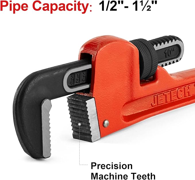 Jetech 10-inch Heavy Duty Straight Pipe Wrench, Adjustable Aluminum Plumber with Floating Hook Jaw and I-Beam Handle, Red