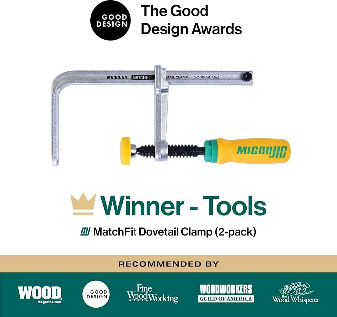 MICROJIG MatchFit Dovetail Clamps, Woodworking Track System Tools, DVC-538K2, 2-Pack, Yellow/Green | Fits 1/2 14 Degree Dovetail Bit, 595 Lb Clamping Force, Yellow and Green