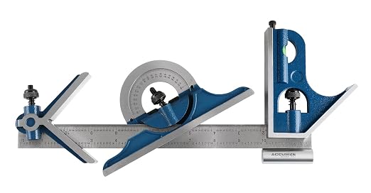 Accusize Industrial Tools 12'' 4 Combination Square Ruler Set Protractor Satin, 4-R Graduation, 0000-8101, 5 Sets | 5 Sets, 4 Pc/Set, 4R Graduation: 8ths, 16ths, 32nds, 64ths, Satin Chrome Blade, 0000-8101x5