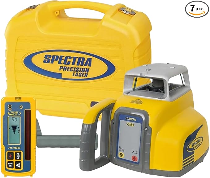 Spectra Precision LL300N-4 Self-Leveling Rotary Laser Kit with HL450 Receiver, Professional - Small Case - Rechargeable — IP66, Class 2, ±3/32″ Accuracy, 1,650 ft Range
