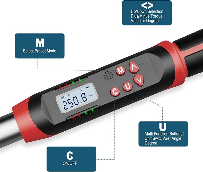 Leolee 1/2-Inch Drive Digital Torque Wrench with Angle, 12.5-250.8 Ft.lb | 17-340Nm, ±2% Accuracy, Heavy-Duty, Preset Value, Data Storage, Buzzer, LED Flash Notification, for Diesel Trucks, RV, Vans