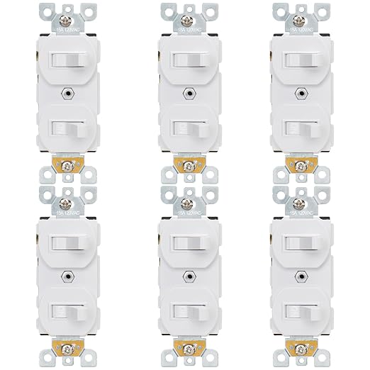 Baomain 6-Pack Double Toggle Light Switch,15 Amp 125V Two Single Pole Residential Grade,On/Off Electrical Wall Switch Self-grounding, Glossy White ETL Certified