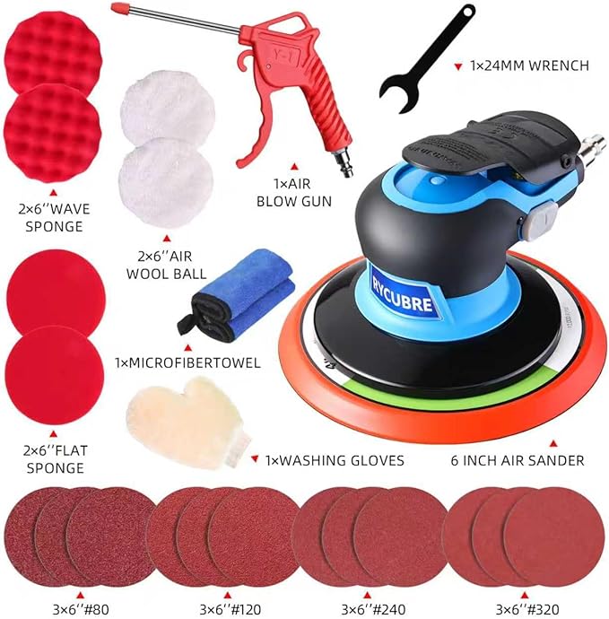 6 Inch Pneumatic air Sander Kit (with 12 Sandpapers, Polishing Pads & Accessories & A Free Air Blow Gun) – da sander for auto Body Specialized, Pneumatic Orbital Sander, Professional & DIY Compatible