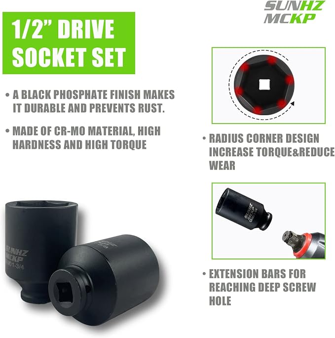 SUNHZMCKP 1/2" Drive Deep 6-Point Impact Socket Set, 8-Piece Standard SAE Spindle Axle Nut Impact Socket Set, Cr-Mo, 1-1/4-Inch to 1-3/4-Inch Size