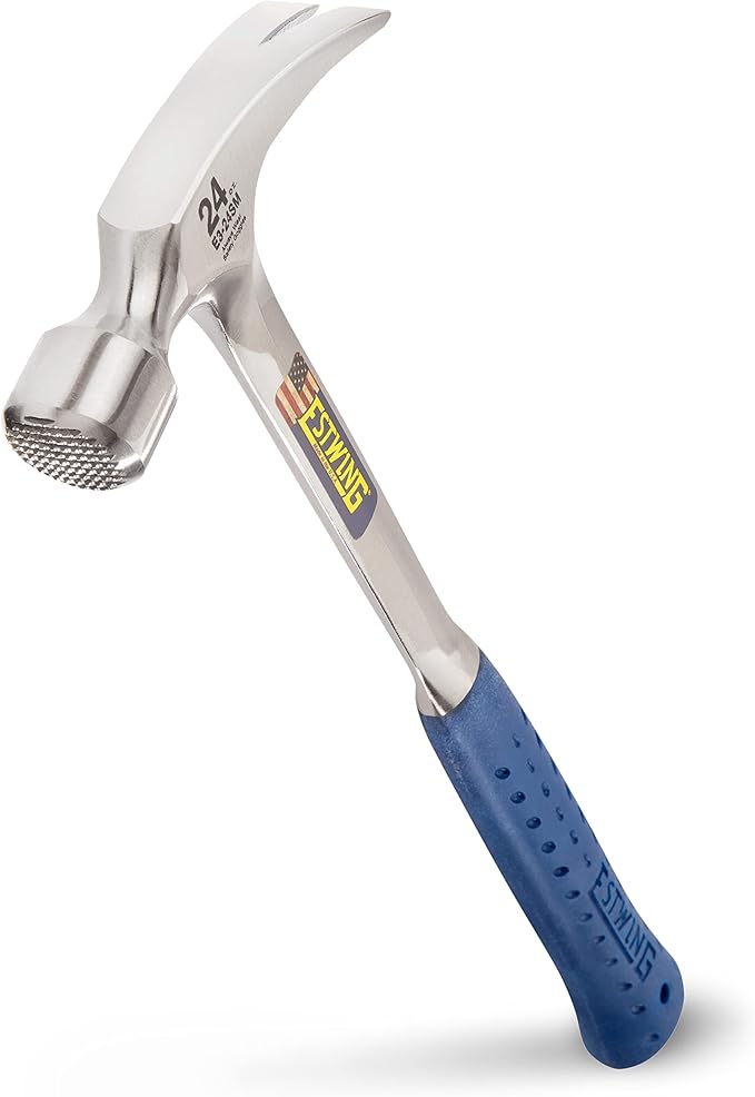 ESTWING Framing Hammer - 24 oz USA Made Long Handle Straight Rip Claw Hammer with Milled Face & Shock Reduction Grip - E3-24SM