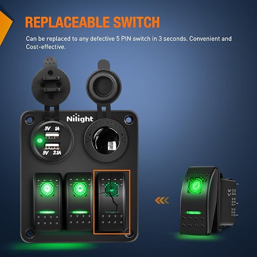 Nilight 3 Pack Rocker Switch with Night Glow DIY Stickers On Off 5 PIN SPST LED Light Switches with Green Backlit 12V/24V Toggle for Cars Trucks RVs Boats Auto Motorcycles