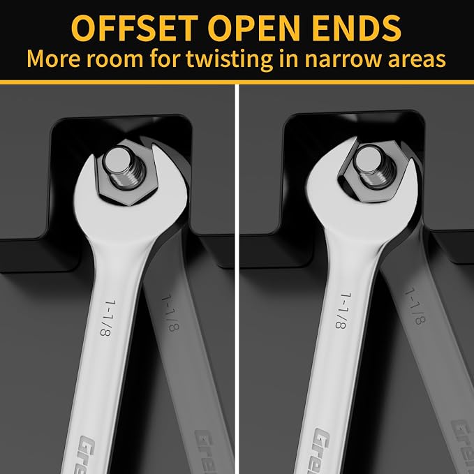 GRENPRO 7PC SAE Large Wrench Set Combination Open End Wrench Big Wrenches | Includes 15/16" 1" 1-1/16" 1-1/8" 1-3/16" 1-1/4" Long Wrenches, 15° Offset 12pt Box End, Roll-Up Pouch & Gauge, CR-V Steel