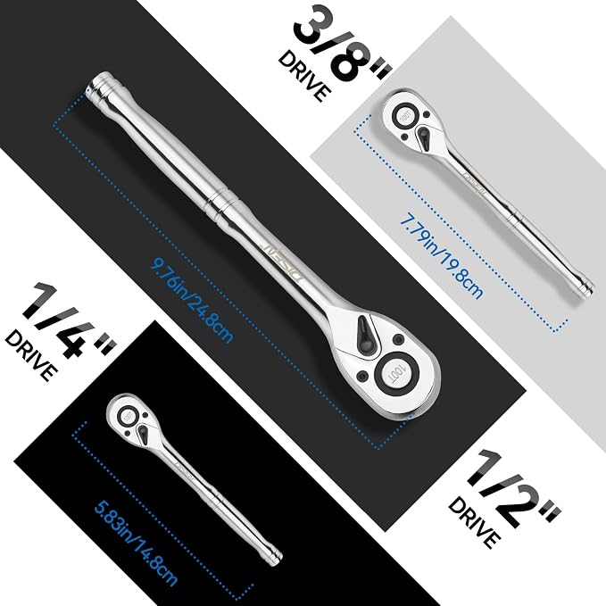 DISEN 3-Piece Standard Ratchet Set – 1/4", 3/8", 1/2" Drive with EVA Storage Tray | 100-Tooth Ratchet, Non-Slip Grip, Quick Release Button | Reversible Design with 3.6° Swing for Tight Spaces