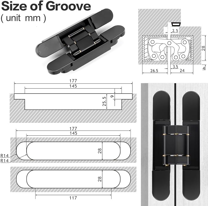 Onedaful 2 Kits 7 inch Stainless Steel Hidden Door Hinges Invisible Hinges for Door, 180 Degree Swing Concealed Hinges, 3 Way Adjustable & Heavy Duty for Secret Door (Load-Bearing Up to 170lbs)