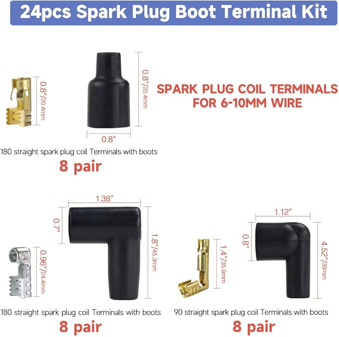 Spark Plug Wire Crimping Tool Kit for Ignition Cables, Ratcheting Crimper, 24 Spark Plug Terminals (180° 90° Straight), 24 Boots, Fits up to 8.5mm Wires