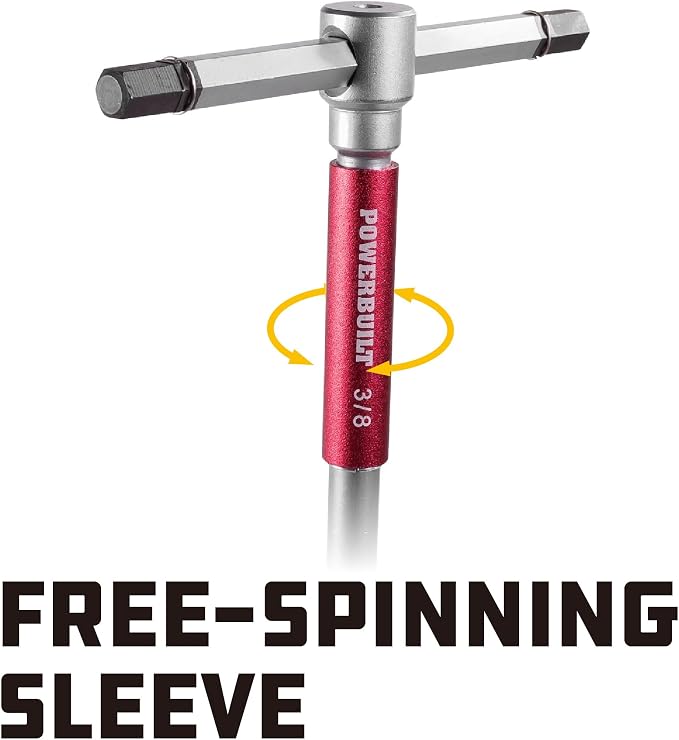 Powerbuilt 8 Pc SAE T-Handle Hex Allen Key Wrench Set w/ Speed Sleeves for Fast Spinning Action, Sliding Top Handle for “T” or “L” Shape, Long Shafts, Storage Rack, Auto, Bicycle, Moto - 941644 , Red