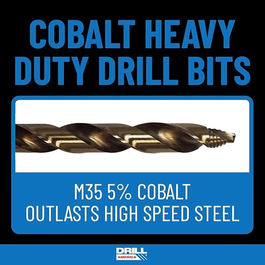 Drill America 15 Piece Cobalt Stepped Point Drill Bit Set in Round Case w/Gold Oxide Finish for Drilling Acrylic, Steel, Hard Metals, Sizes 1/16" to 1/2" x 32nds