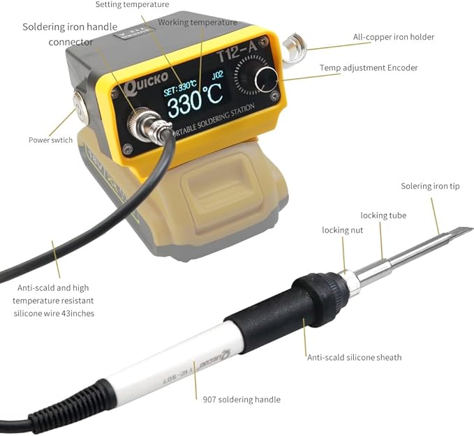 Cordless Soldering Iron Station,QUICKO T12 Soldering Station Fit for Dewalt Battery 18/20V,Sleep Immediately,Injection Mold,°C/ºF Conversion,OLED (Battery Not Included) With 5pcs Solder Iron Tips
